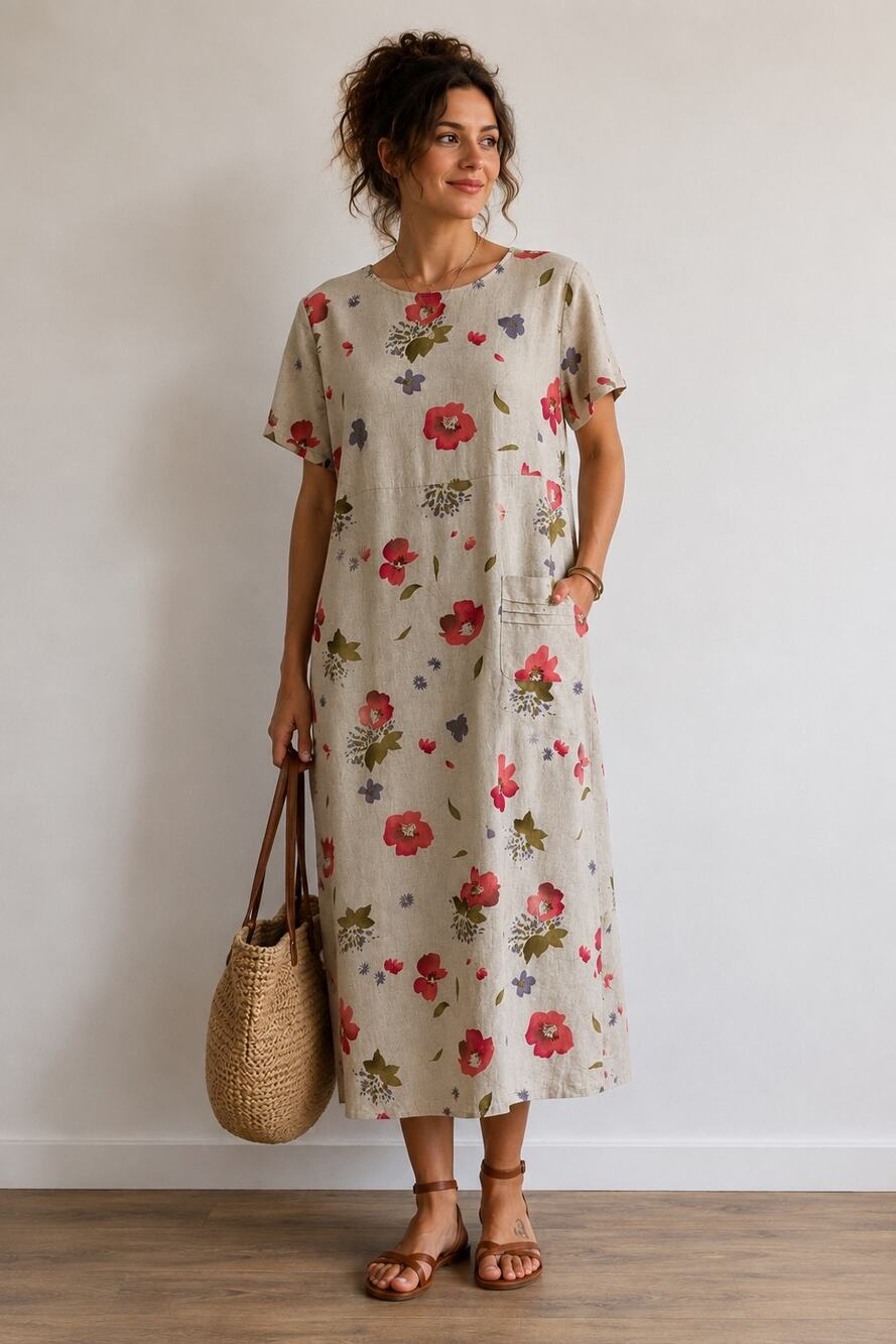 Vintage Talbots Floral Linen Dress 14P Pocket Slit Boxy Lagenlook Cottagecore